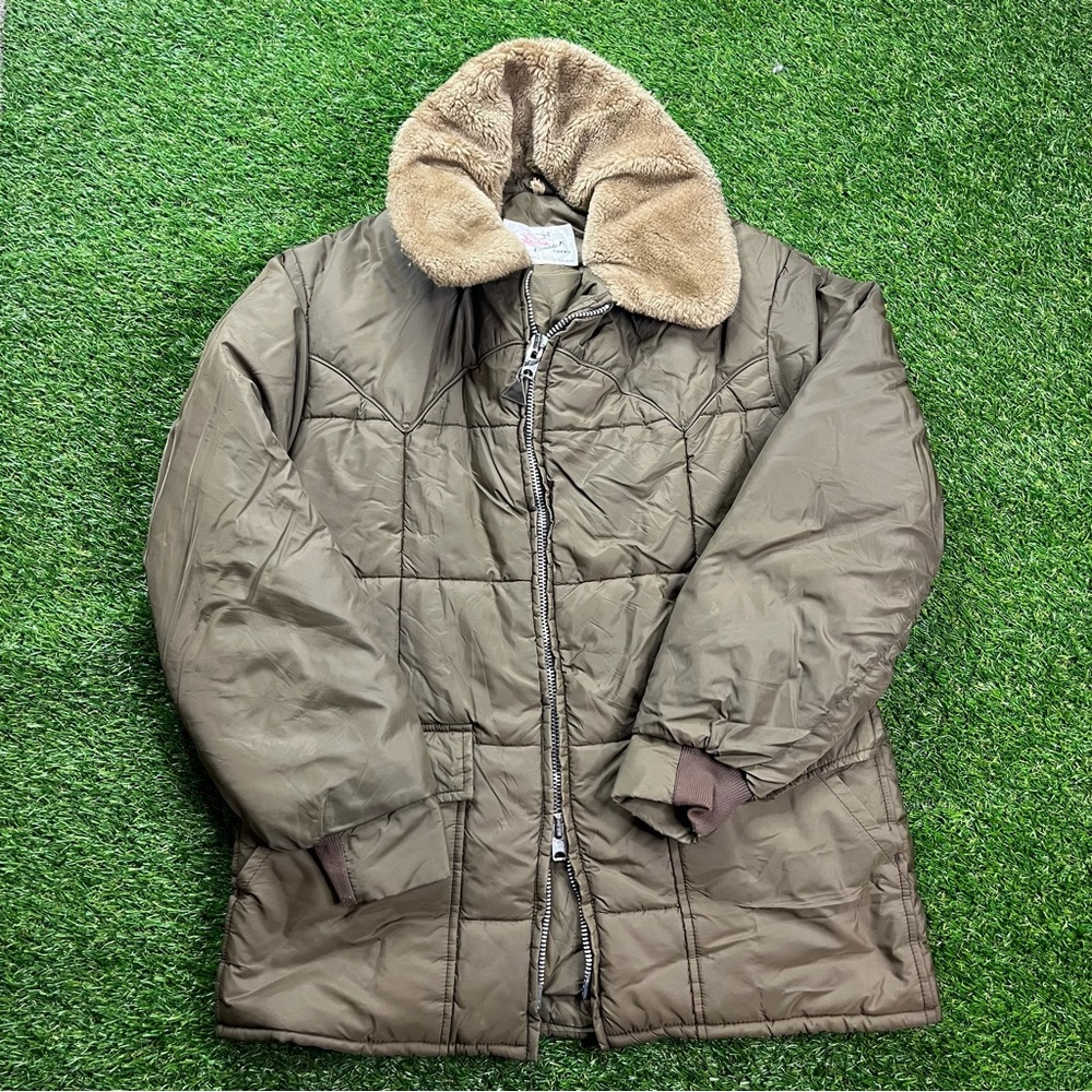 Vintage 90s Double K Brand Western Brown Fur Collared Puffer Jacket Talon 44R - Picture 2 of 5